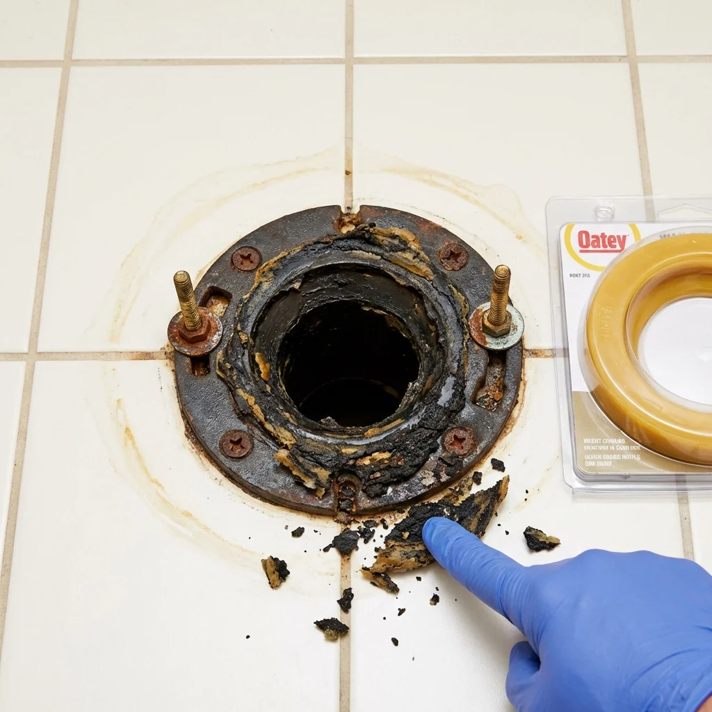 Failed wax ring showing water seepage at the base of a toilet in a Carrollton, MS home
