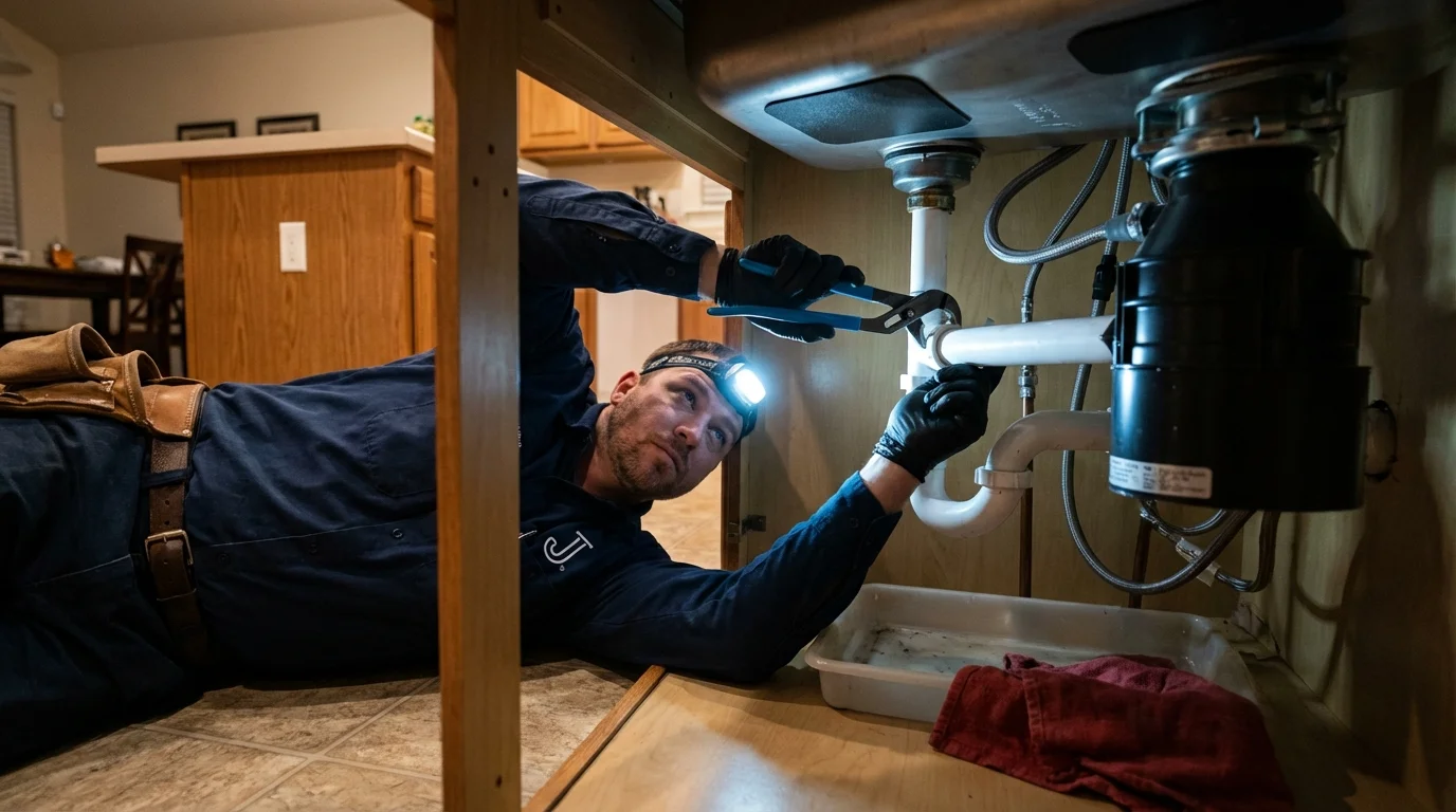 P-trap and supply line connections under a kitchen sink showing a common leak point in Carrollton, MS